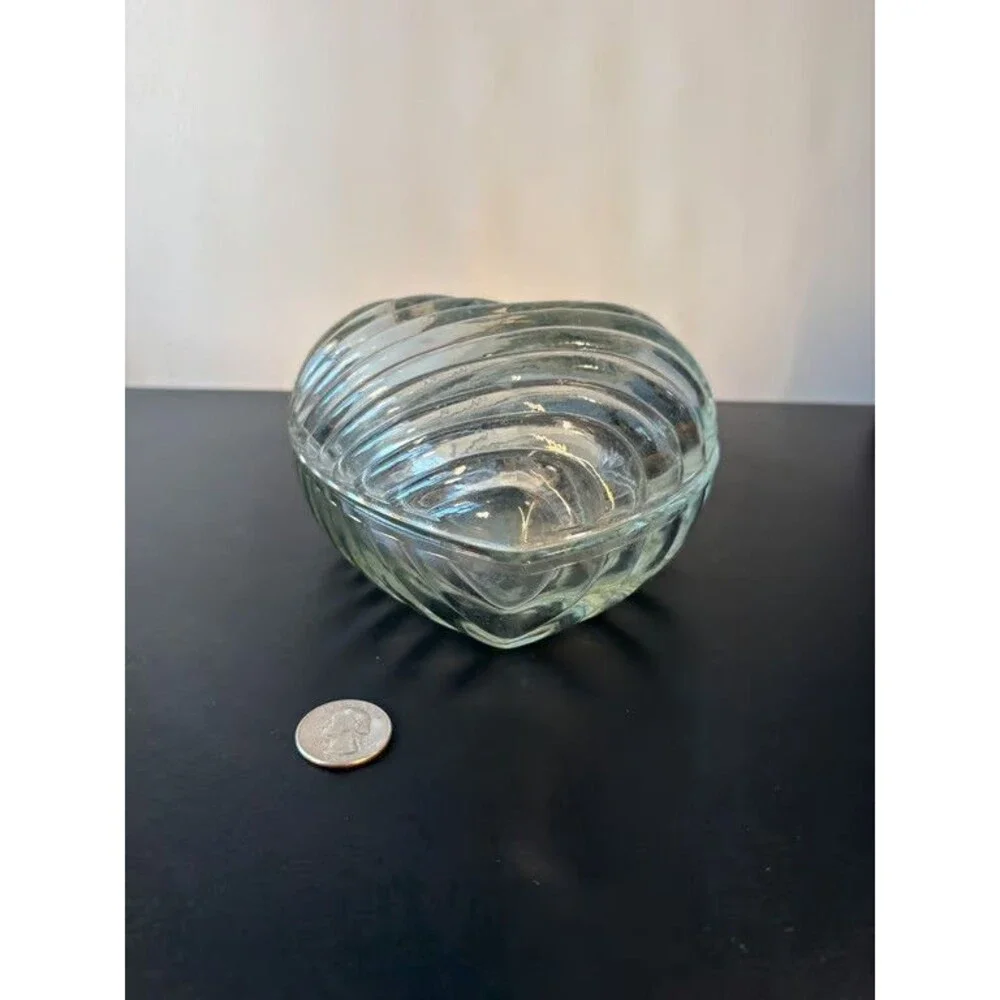 Pressed Glass Heart Bowls Pair Swirled Ribbed Clear Candy Dishes 5 in